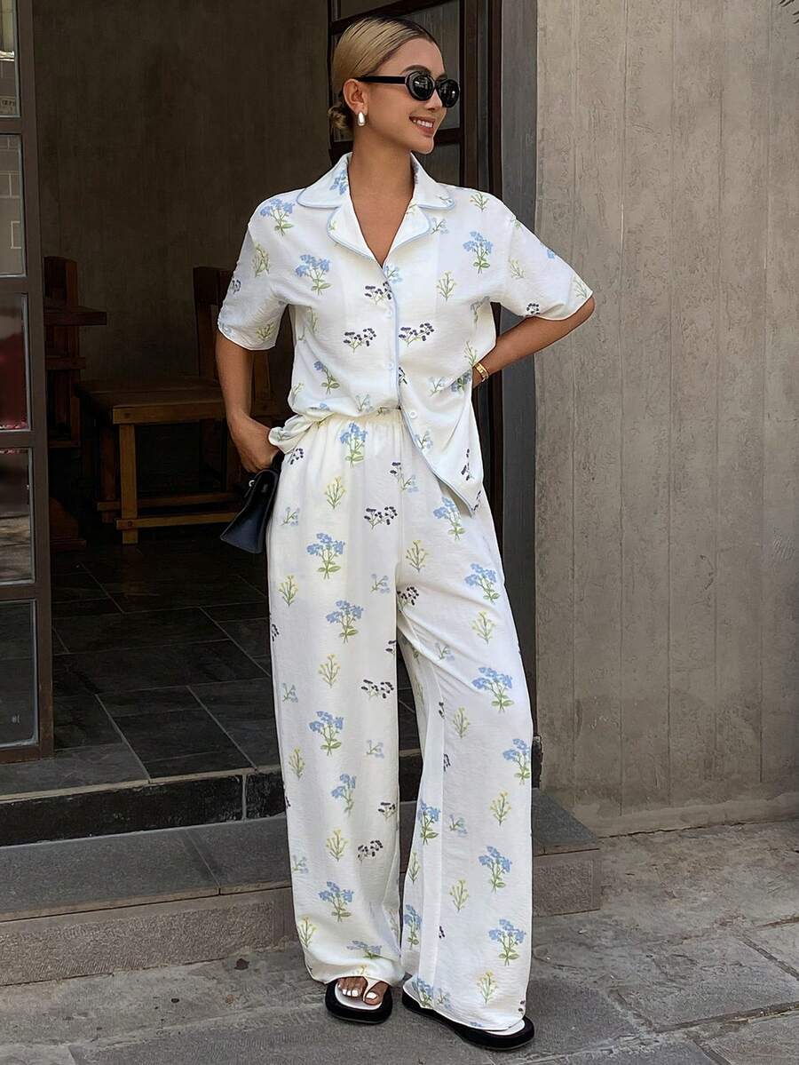 DAZY 2pcs Plant Pattern Loose Cardigan Short Sleeve & Straight Leg Long Pajama Pants Set, Women Summer Sleepwear - Beige - View 1