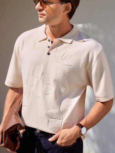 Manfinity CityGents Men's Summer Casual Vacation & Commute Jacquard Short Sleeve Polo Knit Top, Cool & Comfortable Summer Fashion Casual Essential Men's Knit Shirt Cream Top Men Men Buttoned Knitted Polo,Holiday