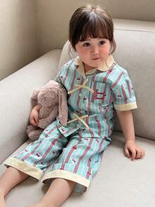 Dazy Kids Bộ đồ ngủ dài tay cổ sọc cho bé gái sơ sinh/trẻ nhỏ - Màu xanh lam - Xem 8