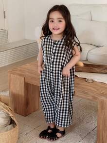 DAZY 女婴格子亚麻无袖连体衣，韩版宽松连体衣夏季女童服装 - 黑與白 - 查看 2