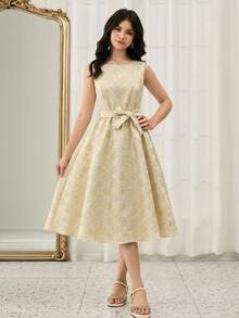 优雅无袖提花中长连衣裙，适合少女日常穿着、生日、派对及其他场合。 - 杏色 - 查看 11