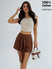 Firerie Women's Elegant Casual Everyday Commute Office Versatile Shorts, Brown Tie-Up Design Decoration Loose Straight Leg Shorts, Suitable For Vacation, Beach, Teacher , Daily Wear - Brown - View 1