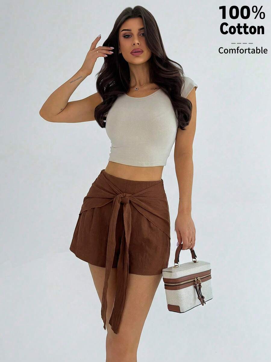Firerie Women's Elegant Casual Everyday Commute Office Versatile Shorts, Brown Tie-Up Design Decoration Loose Straight Leg Shorts, Suitable For Vacation, Beach, Teacher , Daily Wear - Brown - View 1