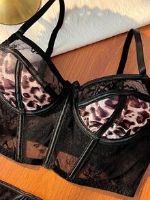 Bare Chapter 2 piezas Conjunto de lencería de mujer con estampado de leopardo y encaje - Negro - Ver 8