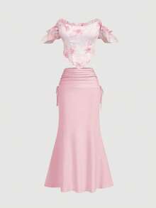 SHEIN MOD Women's Elegant Floral Print Off-Shoulder Top, Summer - Pink - View 4