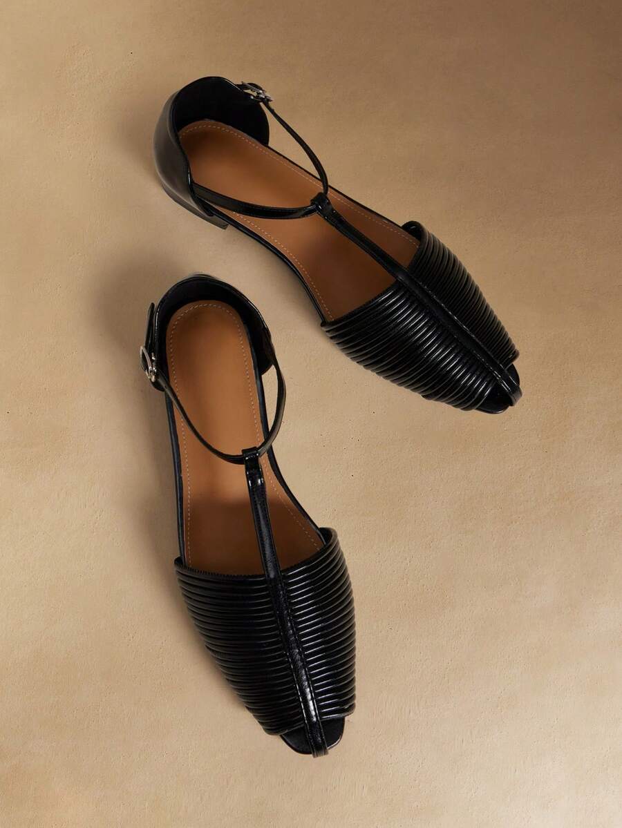 Rosivie 女士PU尖头多带编织低跟鞋，专业通勤鞋，优雅时尚 - 黑色 - 查看 1