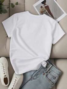 Flirla Plus Size Unisex Couple Style Short Sleeve Letter Print Casual T-Shirt With Round Neckline Graphic Tees Women Tops - White - View 2