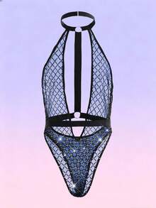 FeverCity Men's Plaid Mesh Hollow-Out Design Circular Ring Connected Halter Jumpsuit - Royal Blue - View 8