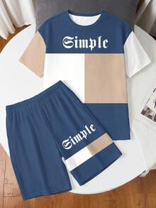 Tween Boy Casual Minimalist Short Sleeve Crew Neck T-Shirt & Shorts Set, Suitable For Summer, Classic Cool Color Block Patchwork Graphic Text Print - Multicolor - View 2