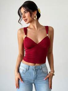 Firerie Áo sơ mi nữ màu trơn, xếp ly kim loại, dáng ôm, kiểu dáng thường ngày. - Màu Đỏ Sâu - Xem 11