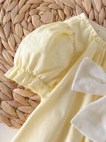 新生女宝宝可爱杏色宽松蝴蝶结长袖连衣裙 - 黃色 - 查看 4