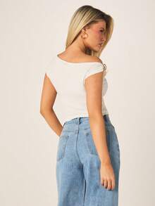 MISSGUIDED 女士露肩罗纹短款上衣，饰有金色圆环，短袖修身夏季休闲衬衫 - 白色 - 查看 2