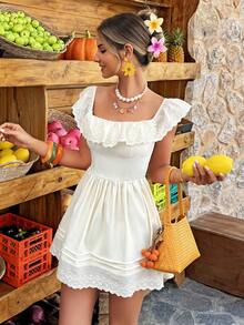 Selianne 1 pieza Vestido de línea A con cintura ceñida, con bordado y ribete de encaje, elegante para citas y vacaciones - Amarillo claro - Ver 6