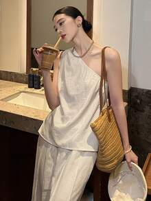 DAZY 女士休闲纯色腰带吊带上衣和阔腿裤两件套，春夏女士家居服套装 - 白色 - 查看 7