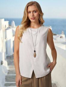 Parysyn Áo vest nữ không tay dệt kim cỡ lớn, kiểu dáng thường ngày. - Màu be - Xem 6