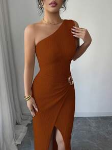 Selianne Stylish Women's Brown Knitted Sleeveless Fitted Long Dress Asymmetrical Neck Slit Prom Wear - Brown - View 6