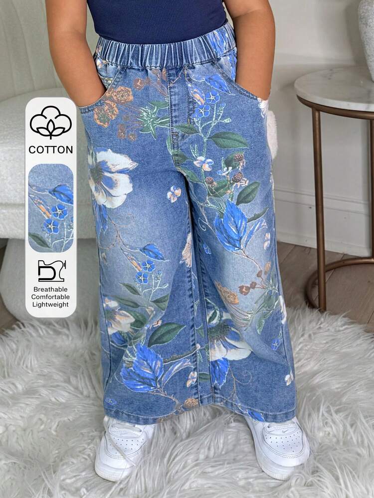 Young Girl Floral Print Elastic Waist Pockets Wide Leg Loose Casual Jeans