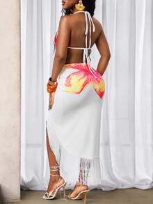 BamGleam 性感度假风印花露背系带连衣裙，饰有流苏和精美设计细节 - 彩色 - 查看 2