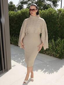 MDEdit 2 件套女式休闲针织毛衣上衣和长裙套装，宽松高领长袖短款上衣和裙子，秋冬 - 杏色 - 查看 5