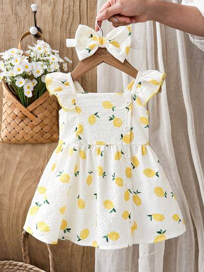SHEIN Vintaside Kids Baby Girl Newborn Summer Square-Neck Frilled Yellow Halter Dress With A Bow Hairband. The Style Is Cute, Fresh, Sweet And Playful. The Textured Woven Fabric Has A Moderate Thickness. The Loose Fit Is Full Of Childlike Charm With A Lemon Pattern Printed All Over. The Side Button Opening Design Makes It Convenient To Put On And Take Off. It Is Suitable For Home Leisure Wear, As A One-Year Gift, A Baby's First Birthday Photo, For A Walk, Attending Birthday Parties Or Wedding Events, Etc.