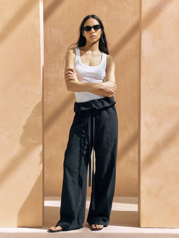 KSTM Calça Pantalona de Cintura Alta com Detalhe de Cinto Feminina, Calça Casual de Verão Fluida Estilo Pescador Preta