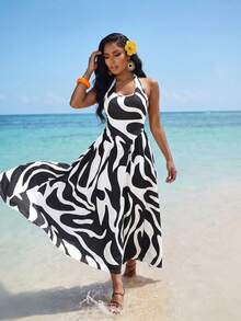 SHEIN Lady 女士时尚全印花露背吊带连衣裙，夏季 - 黑與白 - 查看 5