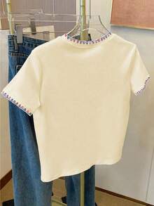 Resyla 女士花卉边饰圆领短袖休闲百搭T恤 - 黃色 - 查看 2