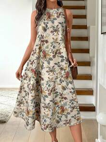 SHEIN LUNE Retro Floral Print Crew Neck Sleeveless A-Line Midi Dress, Casual And Elegant,Summer Dresses
Spring Clothes - Redwood - View 7