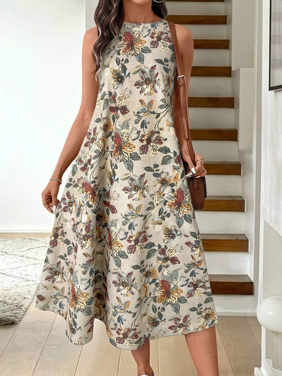 SHEIN LUNE 复古花卉印花圆领无袖 A 字中长连衣裙，休闲优雅 - 紅木色 - 查看 1