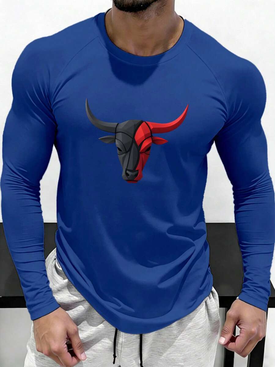 GymBeat Áo thun thể thao dài tay raglan in hình bò tót dành cho nam, áo nén tập gym nam, áo tập luyện nam, áo dài tay thấm hút mồ hôi, áo tập luyện dài tay. - Màu xanh hải quân - Xem 1