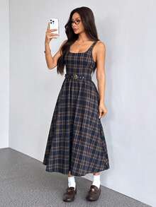 SHEIN PETITE Women Plaid Strap Dress , Teacher Dress,Casual Dress,Fall Dresses,4th Of July Women Outfits,Long Dress - Multicolor - View 6