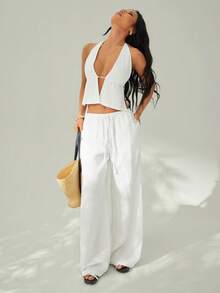 SHEIN PETITE 两件套服装，包括系带露背吊带背心和阔腿抽绳裤，适合夜店、度假、海滩、锐舞派对、夏威夷海岛度假等场合。 - 白色 - 查看 7