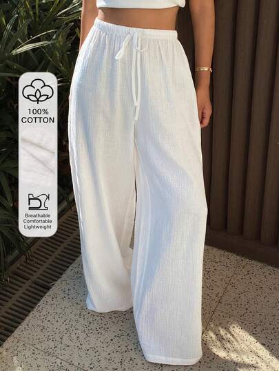 DAZY Women's Loose Tie-Waist Wide Leg Pants, Solid White Color, Casual Vacation Wear, Spring/Summer