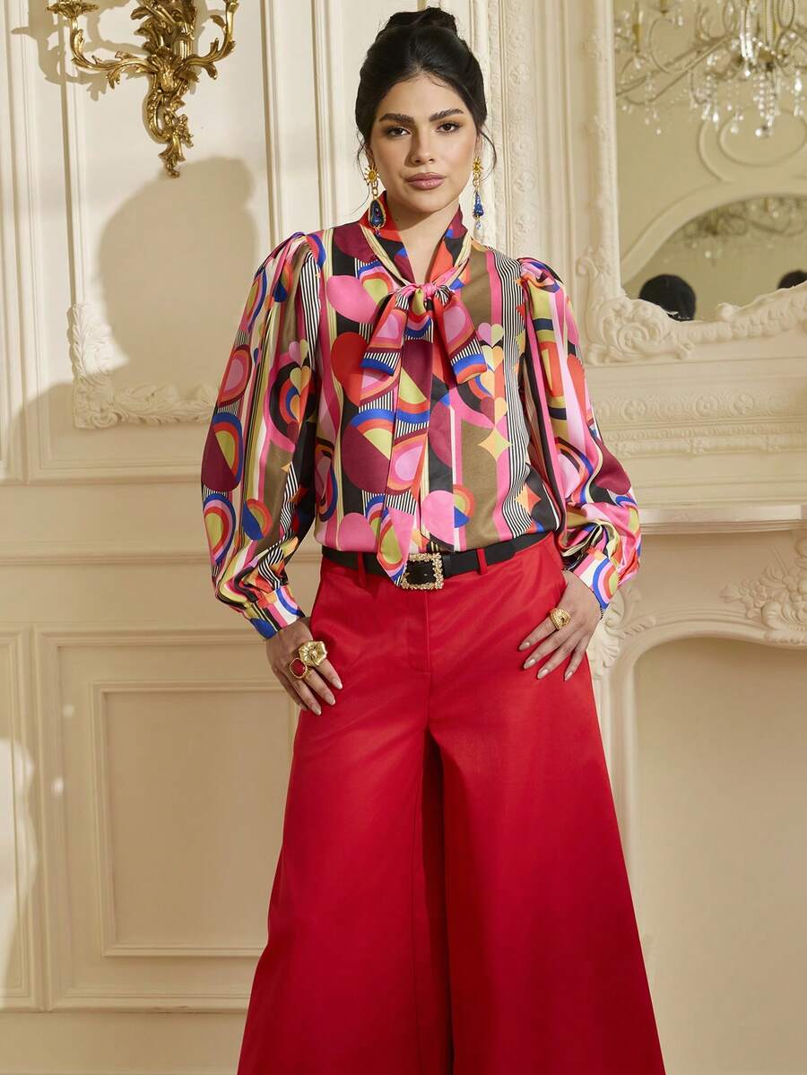 LOTSLUV Áo sơ mi dài tay dáng rộng in hình trái tim và họa tiết trừu tượng lấy cảm hứng từ Ấn Độ, thích hợp cho Ngày Valentine, dành cho nữ. - Nhiều màu - Xem 1