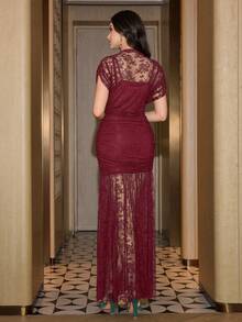 Modelyn Elegant Olive Green Lace Ruffle Dress, High-End Fashion Evening Gown - Burgundy - View 2