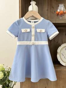 LMoss Kids Vestido casual de punto con cuello redondo y bloques de color para niña bebé - Azul - Ver 4