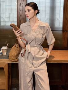 DAZY Women's Casual Pocket Belt Shirt And Wide Leg Pants 2 Pieces Set, Spring/Summer - Apricot - View 4