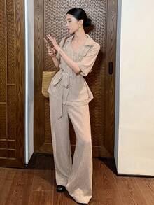 DAZY Women's Casual Pocket Belt Shirt And Wide Leg Pants 2 Pieces Set, Spring/Summer - Apricot - View 6