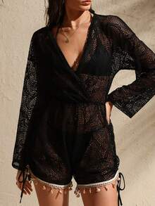 Swim Chiccia Summer Island Vacation Hollow Black Romper With Drawstring & Tassel Design - Black - View 1