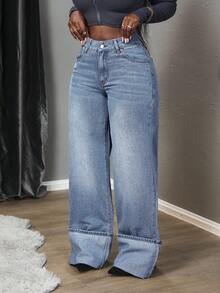 SHEIN Tall 女士高腰口袋阔腿宽松休闲百搭牛仔裤 - 藍色 - 查看 2