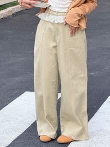 DAZY 少女口袋纽扣蕾丝拼接休闲百搭日常阔腿牛仔裤 - 卡其色 - 查看 5