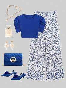 Ellevyn Women's Blue Puff Sleeve Top And All-Over Print Wide Leg Pants Set, Suitable For Casual Daily Wear - Blue - View 1