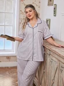 Dream Adore Bộ đồ ngủ tay ngắn, áo cardigan cổ bẻ, họa tiết hoa sọc nhăn, kiểu dáng phồng, có ve áo. - Nhiều màu - Xem 3