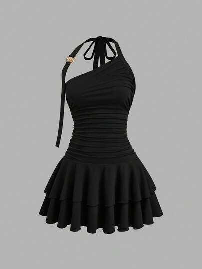 SHEIN CURVE+ Red Knit Fabric Spaghetti Strap V-Neck Sundress With Starfish Metal Decor, New Fashionable Elegant Summer Vacation Dress, Ruffle Hem Slim Waist Skirt, Plus Size