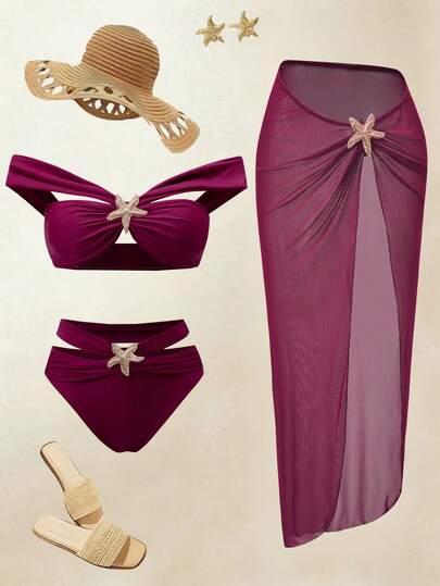  Women's Summer Beach Solid Color Metal Decor Fashionable Bikini And Triangle Panty Swimsuit Set With Skirt,Beach Vacation 2026 New Women's Swimwear ArrivalFor School,Suitable For Holiday, Date, Afternoon Tea, Western, Cruise, Beach, Island, Road Trip, All Seasons, Music Festival, Boho Vacation,Bohemian Vacation, Chill Autumn ,Western Boho ,Elegant Dress For Women Lively Holiday Colorful Prints Swimsuit. 3 Piece Swimsuit Set Bathing Suit Set 3 Piece Bikini 3 Piece Set Swim Oasis 3 Piece Set Starfish Bikini Set