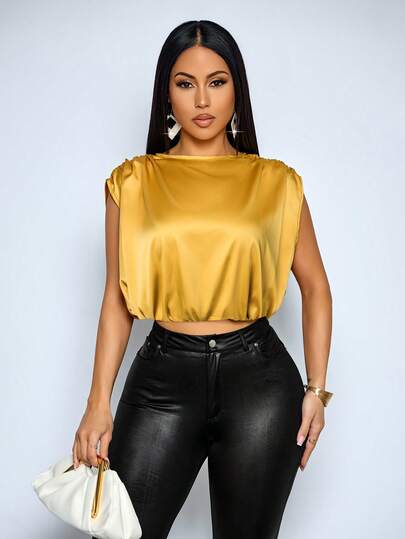 SOLERSUN Women's Fashion Solid Color Elegant Ruched Casual Simple Daily Wear Ruched Sleeveless Satin Shirt Casual Daily Wear Women Blouse