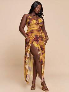 SHEIN BAE Robe longue à volants imprimée pour femmes grandes tailles, robe de vacances à fente haute - Multicolore - Voir 8