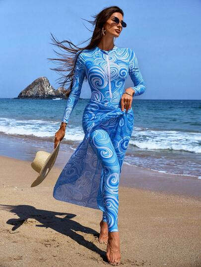 Swim Shayni Bộ bikini 3 mảnh dành cho nữ, thích hợp cho mùa hè đi biển, gồm áo dài tay in họa tiết ngẫu nhiên, quần dài có khóa kéo và váy dài bằng lưới, đồ bơi thanh lịch dành cho phụ nữ Trung Đông, trang phục thường ngày cho kỳ nghỉ.