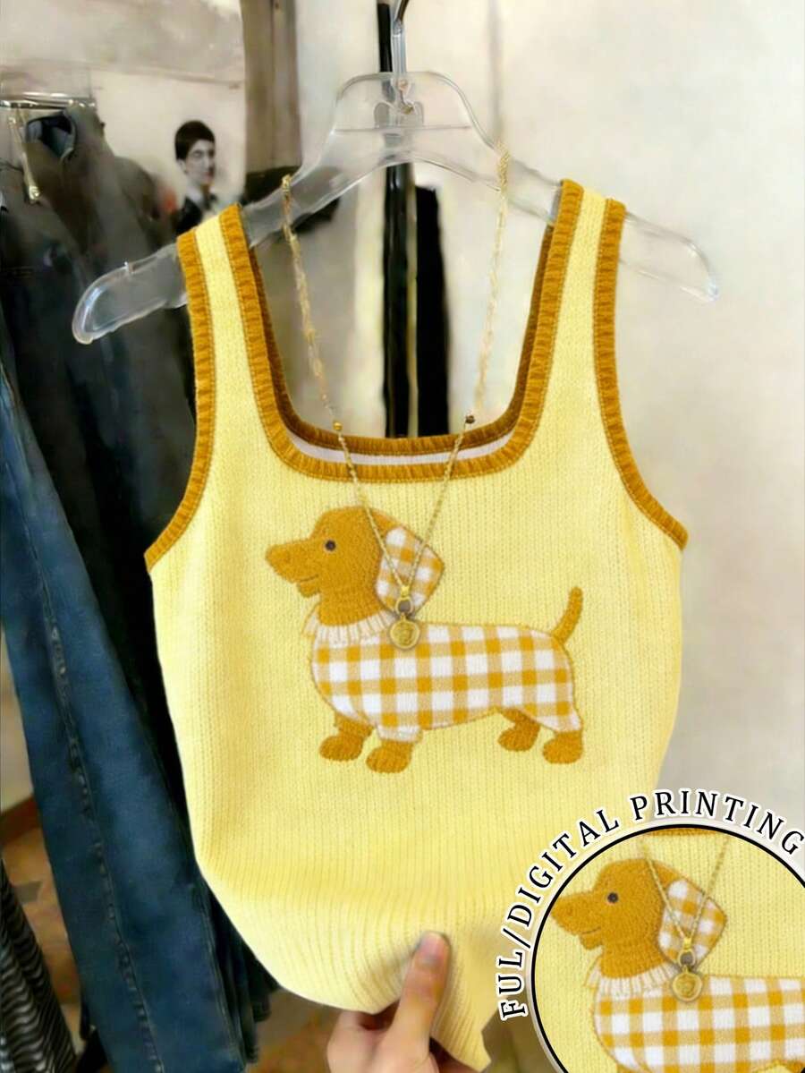 Resyla Best-Selling Yellow Printed Dog Pattern Fitted Tank Top For Women - Yellow - View 1