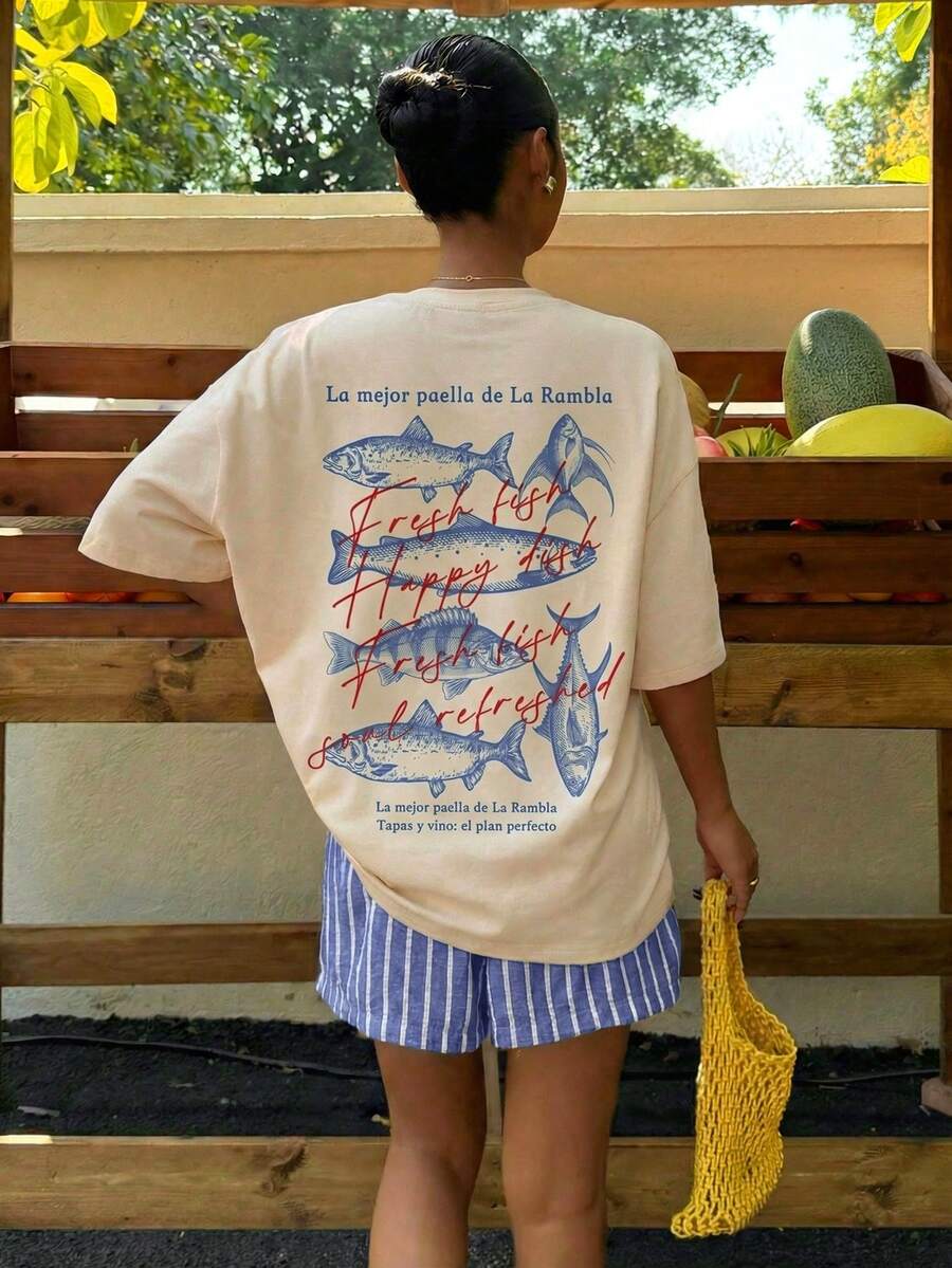 Muchica 女士休闲沙滩度假海洋生物条纹字母印花宽松落肩T恤短裤套装，女士夏季沙滩装 - 彩色 - 查看 1